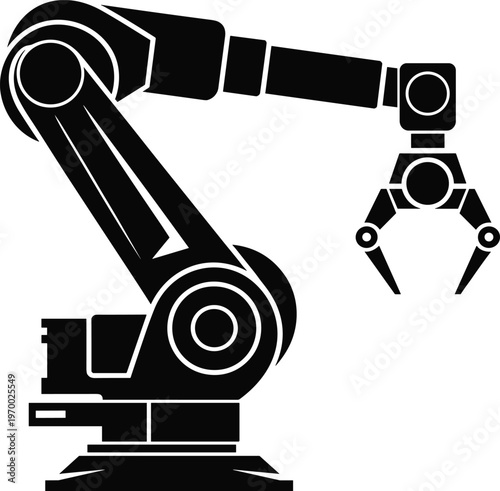 Industrial robotic arm with claw manipulator automation technology factory machinery engineering equipment isolated black silhouette vector illustration design