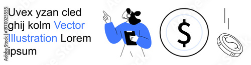 Business strategy, financial growth, presentations, economics, professional communication, and finance. A person gestures while a coin icon s financial elements. Business strategy and financial