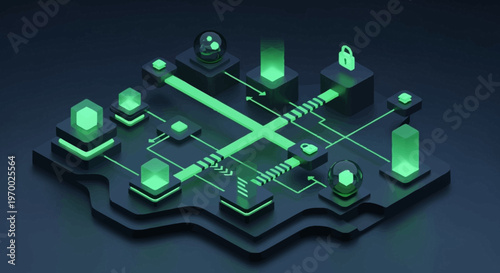 Glowing green circuit board with various components.