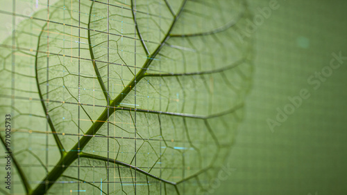 Leaf vein lines merge with digital grid on light green, agritech concept
