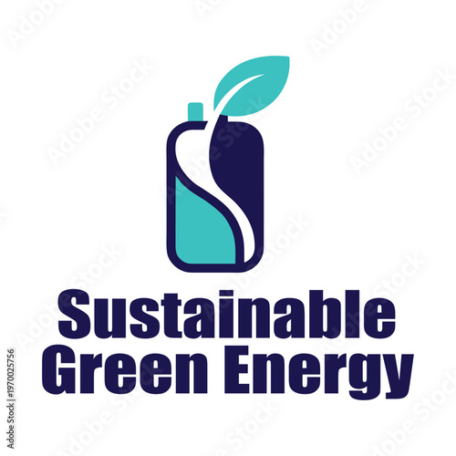 Sustainable green energy logo with battery and leaf design element