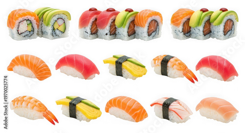 Colorful sushi rolls and japanese snacks assortment display isolated on transparent background