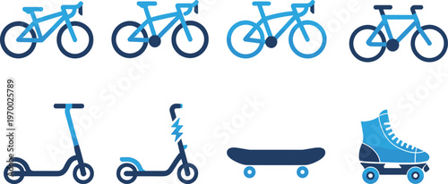 Urban mobility icon set vector illustration featuring bicycles scooters skateboard and roller skates modern transport symbols for active lifestyle design