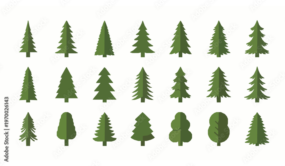 Fototapeta premium Minimal pine and fir tree icon set with flat evergreen forest symbols in clean geometric vector style