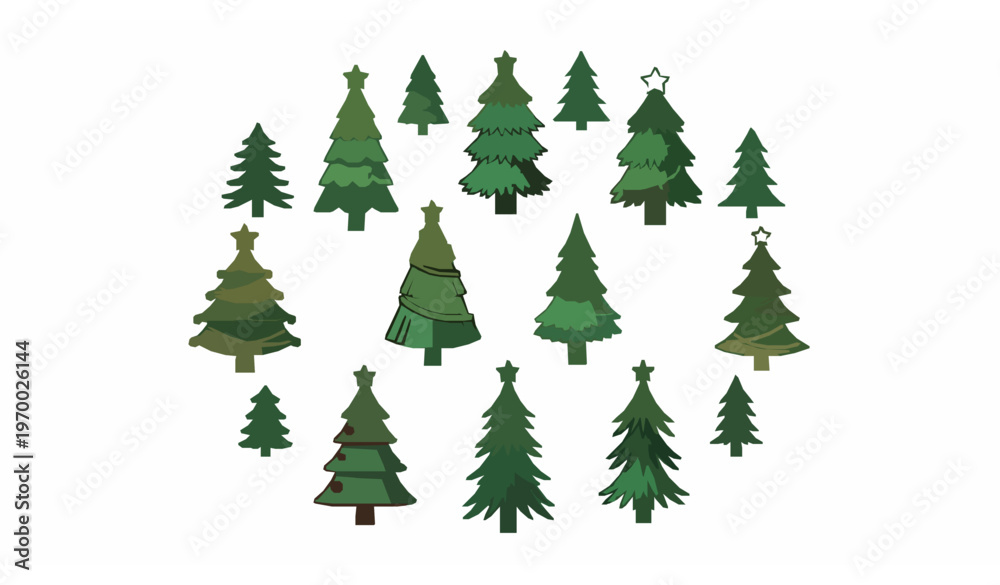 Obraz premium Festive Christmas tree and pine icon collection with decorative holiday elements in colorful vector style