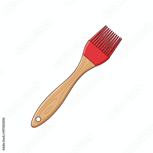 Kitchen utensil with red silicone bristles and a wooden handle with a hole