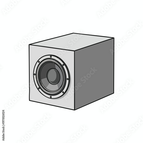 A gray cube-shaped speaker with a circular woofer visible on the front