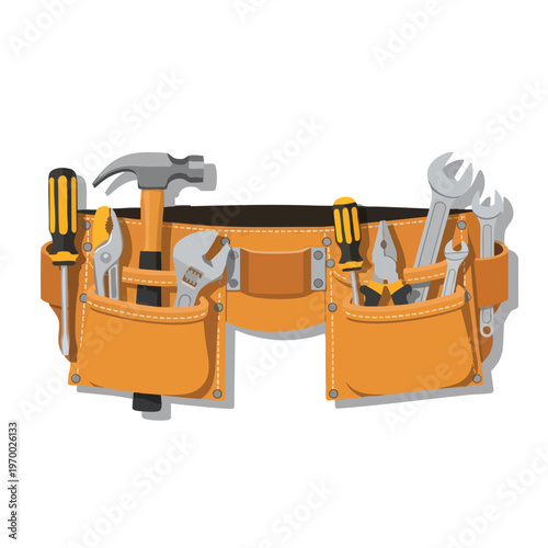 Orange tool belt filled with various hand tools, on white
