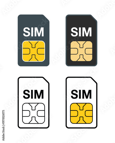 SIM card icon set, vector illustrations of mobile phone chip cards, representing connectivity, telecom, and digital communication, ideal for apps, websites, and tech-related designs.
