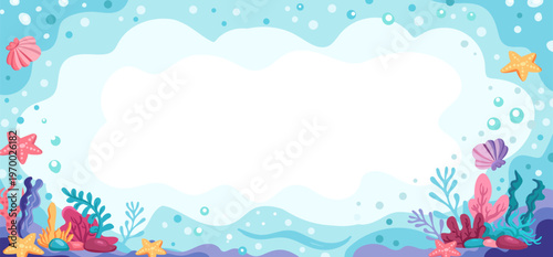 Cute mermaid birthday frame with seashells and ocean pearls. Underwater princess party invitation design with pastel pink background and decorative sea elements.