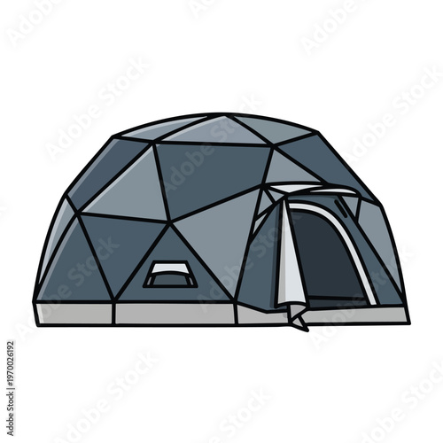 Simple cartoon-style geodesic dome tent with open entrance, gray