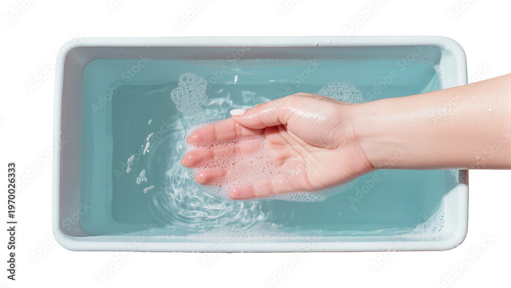 Fototapeta premium Pale skin hand submerged in turquoise water, creating ripples and bubbles
