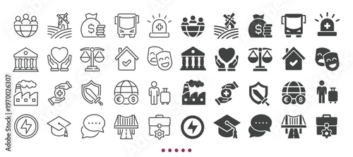 Social policy icons collection. Multi series icons. Line and glyph solid web icons collection