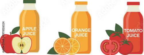 Fruit juice bottles collection with apple, orange and tomato flavors, fresh beverage packaging design illustration isolated on clean background