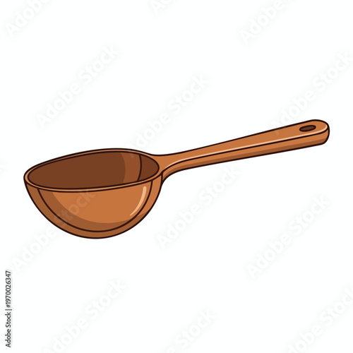 A simple, rounded, brown wooden spoon with a long handle and a hole