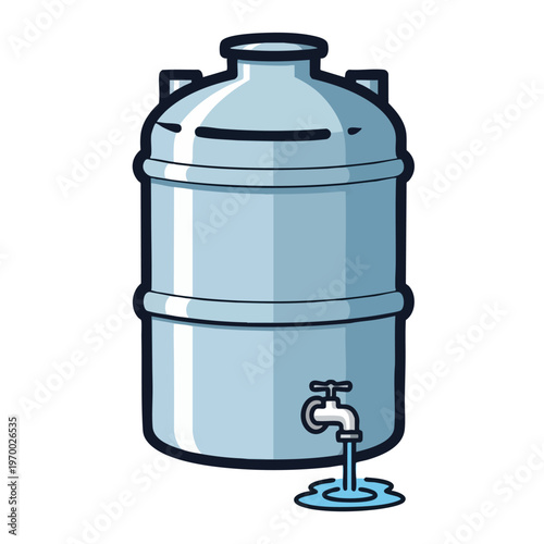 Large blue water cooler jug with a tap dispensing liquid onto a puddle