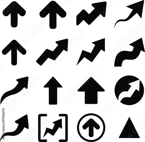 Arrow icons collection, directional symbols set, black navigation arrows for growth, movement, interface design, and business trend indicators illustration