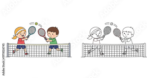 Little boy and girl playing tennis over net, sports cartoon characters vector illustration and black and white line art coloring book page for kids hobby and physical education