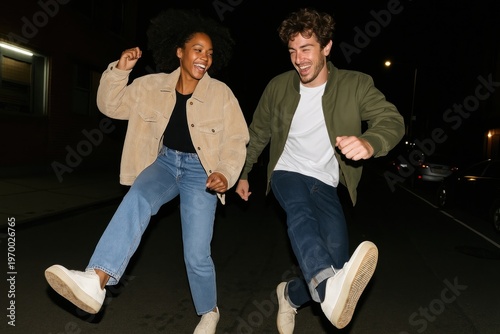 Joyful friends dancing night street