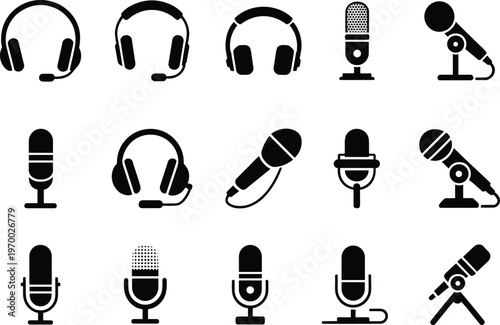 Audio equipment icons collection, microphone and headset symbols set, black sound recording tools for podcast, broadcasting, music, and communication