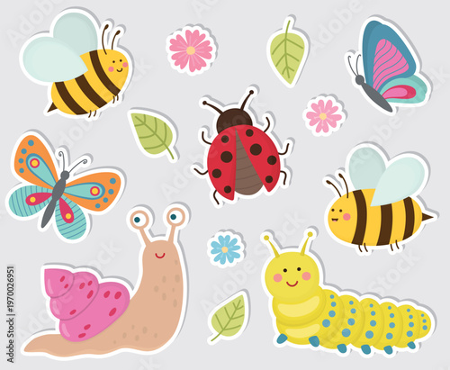 Stickers with colorful funny insects isolated on gray. Illustration with butterflies, snail, bees, caterpillar and ladybug