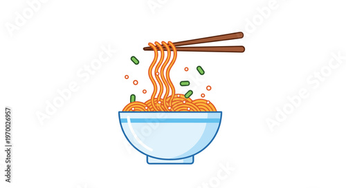 Orange noodles are served in a blue bowl with chopsticks lifting some, garnished with green onions and sesame seeds on a white background.