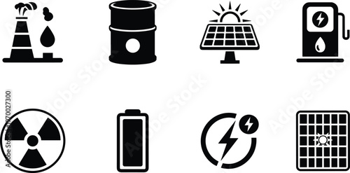 Energy icons collection, renewable and nonrenewable power symbols set, oil nuclear solar battery and fuel elements for industry, technology, sustainability