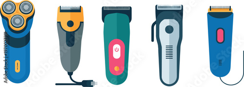 Electric shaver and hair clipper collection with grooming devices, barber equipment set, modern personal care tools vector illustration isolated on clean background