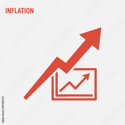 Inflation concept represented by a red upward trending graph inside a square on a light grey background, suggesting economic growth and rising costs