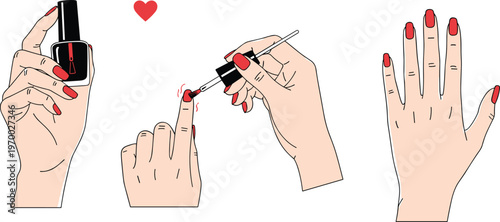 Manicure process with nail polish application on female hands, beauty routine illustration with red nails, cosmetic care concept isolated on clean background