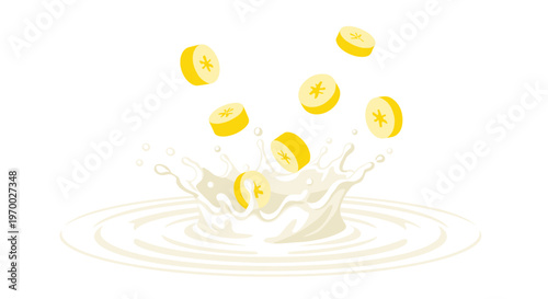 Multiple yellow banana slices are dropping into a white liquid splash with ripples on a plain white background.