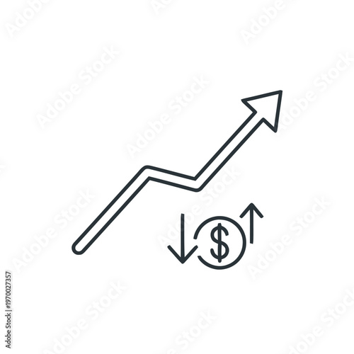 Financial market trend icon. Illustrates economic growth, investment performance, value fluctuations with an upward arrow graph and a dollar sign
