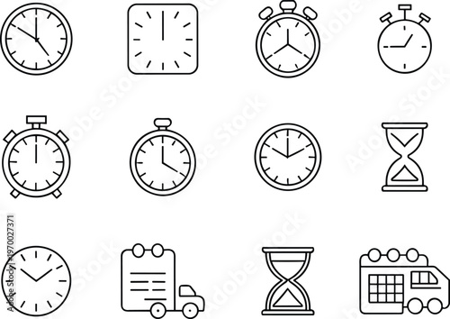 Time icons collection, clock stopwatch and timer symbols set, outline schedule elements for deadline management, productivity, and time tracking