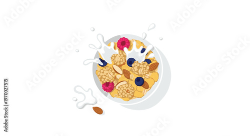 A white bowl filled with cereal, berries, and nuts is seen from above with milk splashing out on a white background.