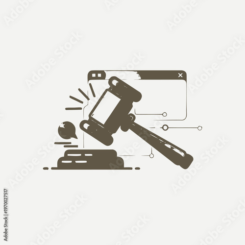 Illustration of a gavel and a web browser window, representing online law or digital justice and legal proceedings