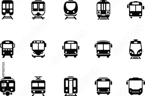 Train and tram icons collection, public railway transport symbols set, black metro vehicles for urban transit, travel, and transportation design