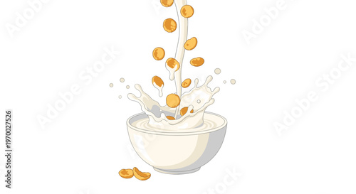 Golden-brown, irregularly shaped cereal pieces are pouring into a white bowl with milk splashing and some pieces scattered around.