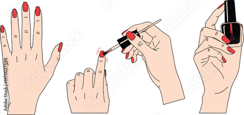 Nail polish application process with female hands, manicure steps illustration, beauty cosmetic routine concept, stylish red nails design isolated on clean background