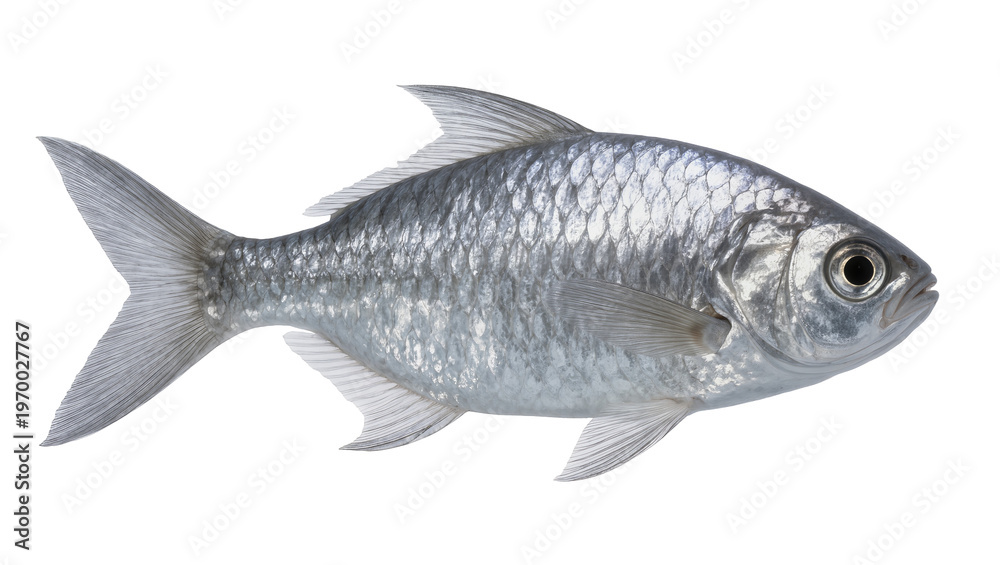 Fototapeta premium Silver freshwater fish displaying scales fins and dark eye, swimming sideways