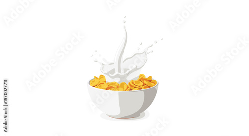 A white bowl filled with golden-yellow cornflakes has a tall milk splash rising from its center on a white background.