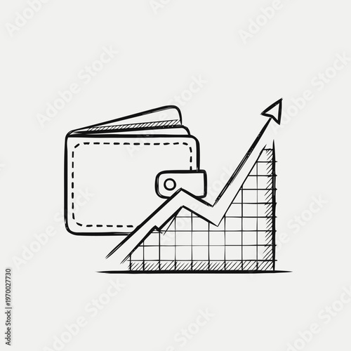 Hand-drawn icon illustrating financial growth and increasing wealth, featuring a wallet next to an ascending line graph symbolizing successful money management and profitable investments