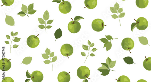 A seamless pattern of whole green apples and various green leaves is scattered randomly across a bright white background.