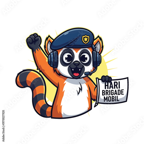 Raccoon in a blue police hat holding a sign with Hari Brigade Mobil