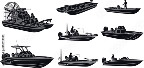 Boat silhouettes collection including fishing boats, speedboats and airboat designs, marine watercraft isolated on white background, transportation, recreation, nautical lifestyle and outdoor