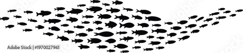 Large fish school silhouette vector, black marine life swarm illustration, underwater ocean animals group, aquatic wildlife concept, minimal design isolated