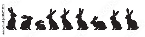 Rabbit silhouette vector set featuring various bunny poses including sitting jumping and standing silhouettes for minimalist logo design and seasonal spring graphics