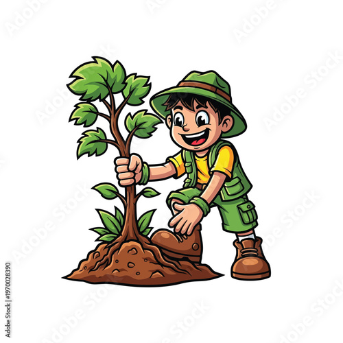 Child gardener planting a sapling with shovel and soil