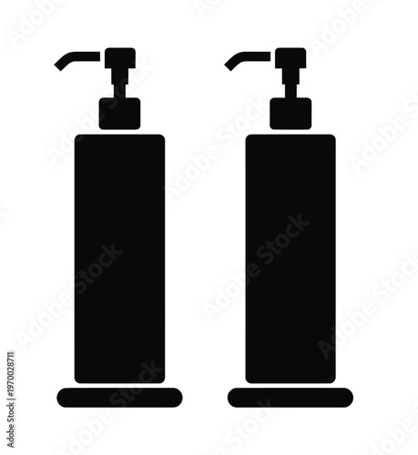 Two black pump dispensers, clean vector silhouette, modern minimalist style, symbolizing personal care, bathroom essentials, and liquid dispensing products for digital or print projects.