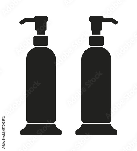 Two black pump dispensers, flat minimalist silhouette, simple vector illustration representing soap, lotion, or sanitizer containers, ideal for packaging design, hygiene, and cosmetic product visuals.