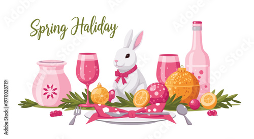 A whimsical Easter table setting features a white rabbit figurine and pink glassware surrounded by foliage and ornaments.